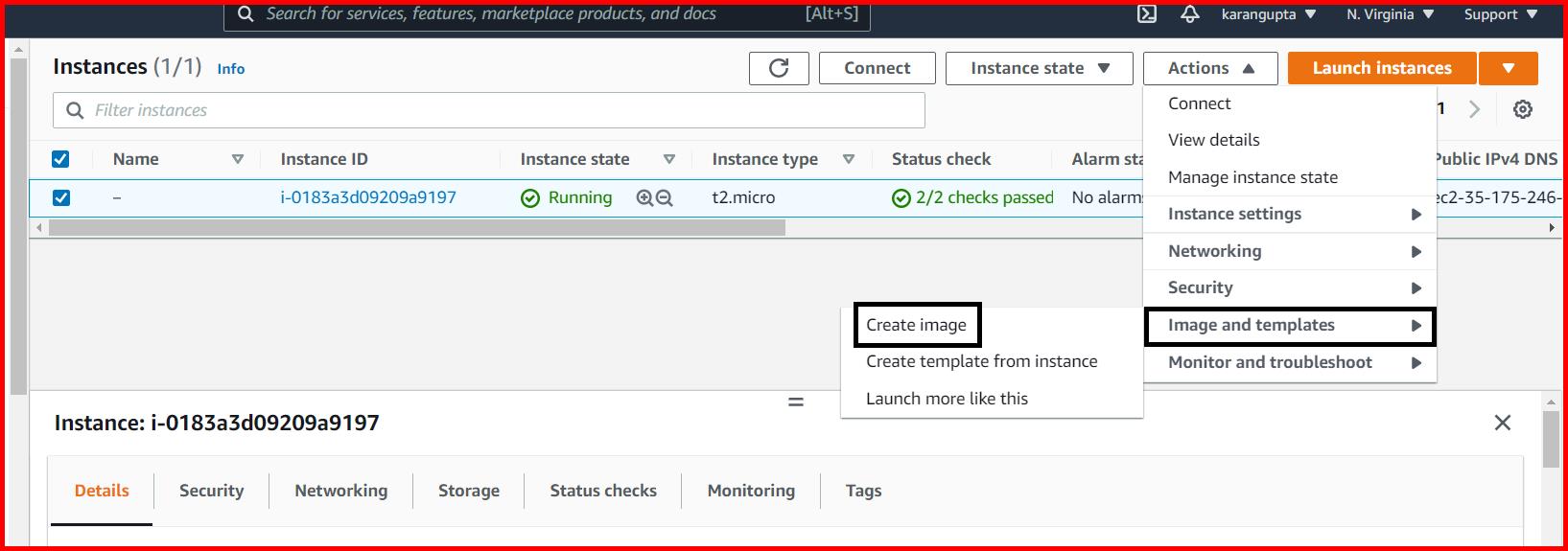 Picture showing the Actions → Image and templates → Create image button for creating the new image